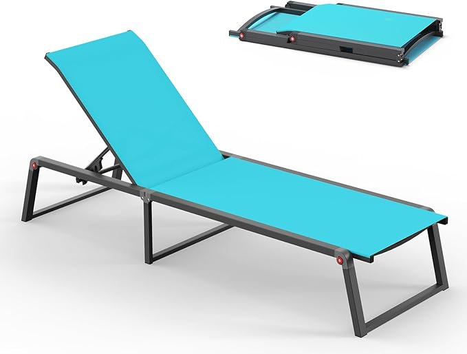 Aluminum Chaise Lounge Chair Outdoor, Foldable & Assembly Free Patio Pool Lounge Chairs 5-Position Recliner for Outside Poolside, Fully Grounded Legs Sun Lounger for Beach, Yard, Lake Blue