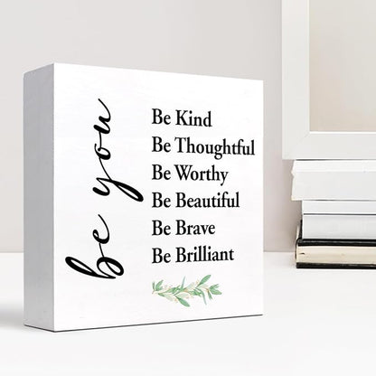 Be You Be Kind Be Thoughtful Wood Block Sign Desk Decor,Rustic Motivational Wooden Box Plaque Sign Desk Decor for Home Girls Bedroom Office Dorm Shelf Table Decor Decorations