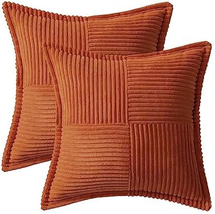 MIULEE Fall Rust Decorative Euro Sham Throw Pillow Covers for Couch Bed Livingroom 22x22 Inch Set of 2 Boho Accent Throw Pllows Broadside Striped Patchwork Soft Corduroy Pillowcases, Terracotta