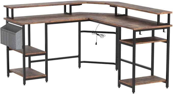 Aheaplus L Shaped Gaming Desk with Power Outlets & LED Lights, Corner Computer Desk with Monitor Stand and Storage Shelf, Home Office Writing Desk with Storage Bag, Rustic Brown