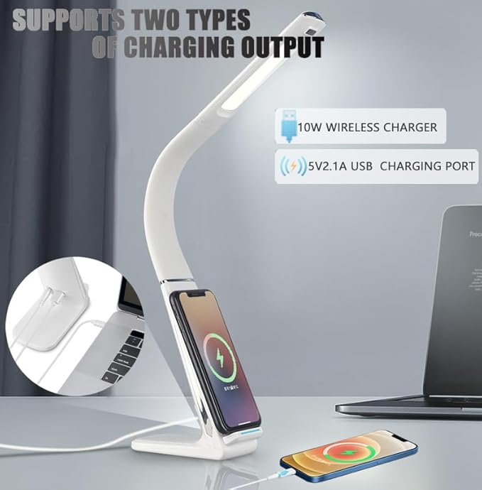 LED Desk Lamp with USB Charging Port, 10W wireless charger, Stepless dimmable, 3 Color Modes, Desk Lights for Home Office, Office Desk Lamp Eye Caring Reading Light, Gesture Control Table Lamp