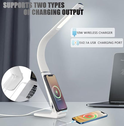 LED Desk Lamp with USB Charging Port, 10W wireless charger, Stepless dimmable, 3 Color Modes, Desk Lights for Home Office, Office Desk Lamp Eye Caring Reading Light, Gesture Control Table Lamp
