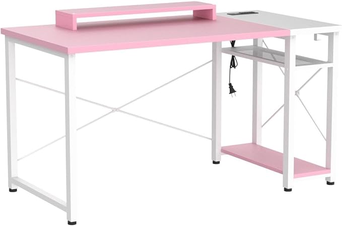 armocity Computer Desk with LED, Gaming Desk with Outlets, 40 Reversible Laptop Table with Monitor Stand, Small Desk for Small Spaces, Pink