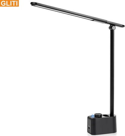 LED Office Desk Lamp, 630 Lumens Bright Table Lamp with Clock Display.A+C USB Fast Charging Charging Port, Desk Light for Office, Industrial Painting, Crafts (with Adapter)