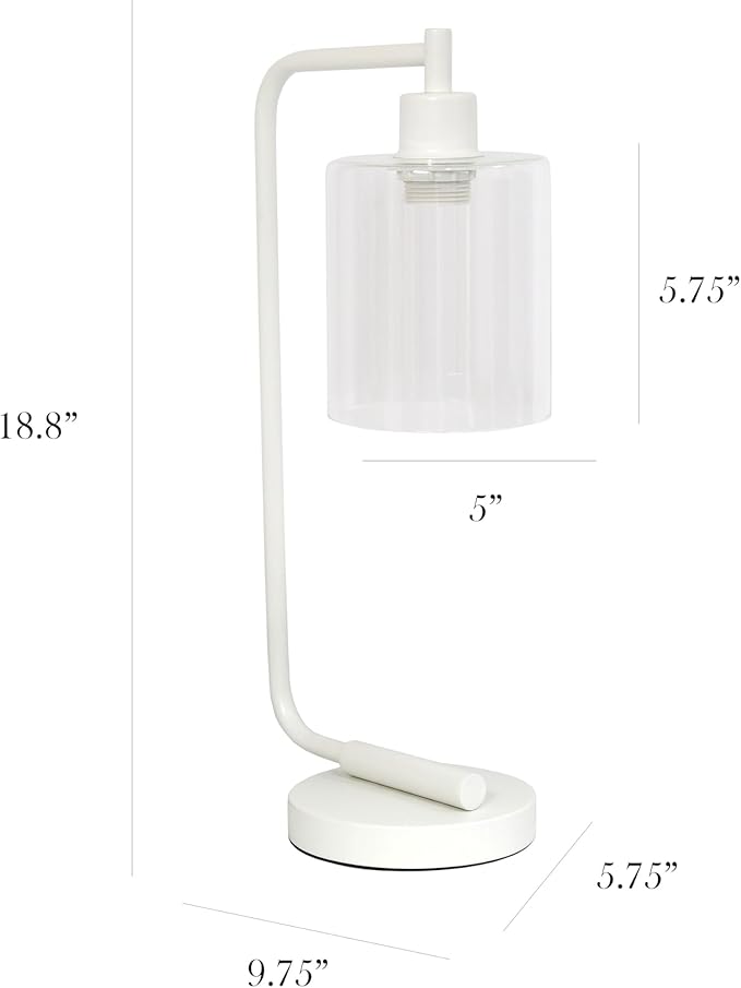 Simple Designs LD1036-WHT-LB 18.8" Industrial Bronson Antique Style Iron Lantern Desk Table Lamp with Glass Shade for Home Décor, Office, Living Room, Bedroom, White, with Feit LED Bulb Included