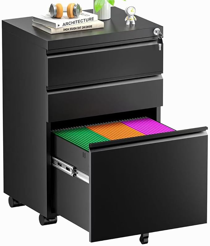 Superday Black File Cabinet 3 Drawer, Fully Assemble Metal Rolling Vertical Filing Cabinet with Wheels, Small Under Desk File Cabinets for Home Office