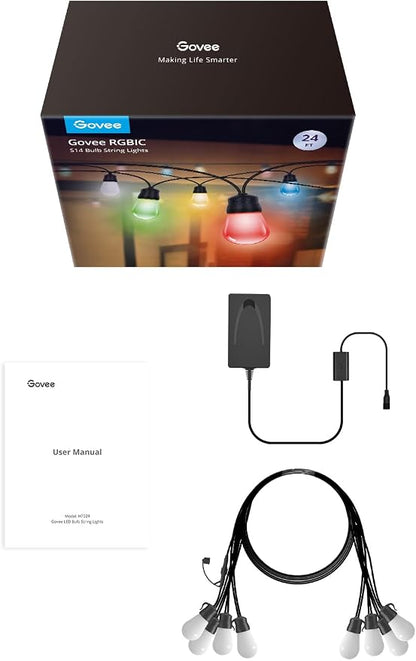 Govee Smart Outdoor String Lights H7029, 24ft RGBIC, IP65, 47 Scene Modes | 8 Dimmable LED Bulbs Outdoor Lights with Color Changing Warm White Lights for Patio, Backyard, App Control, Bluetooth