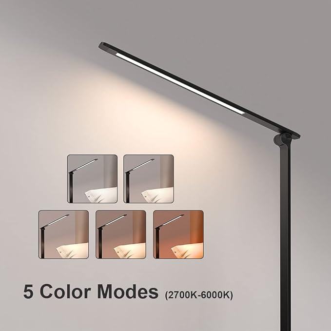 LED Desk Lamp with USB Charging Port, Touch Control Dimmable Office Lamp, 5 Color Modes 6 Brightness Levels Eye-Caring Table Lamp for Home Office Bedroom Reading Study, Black