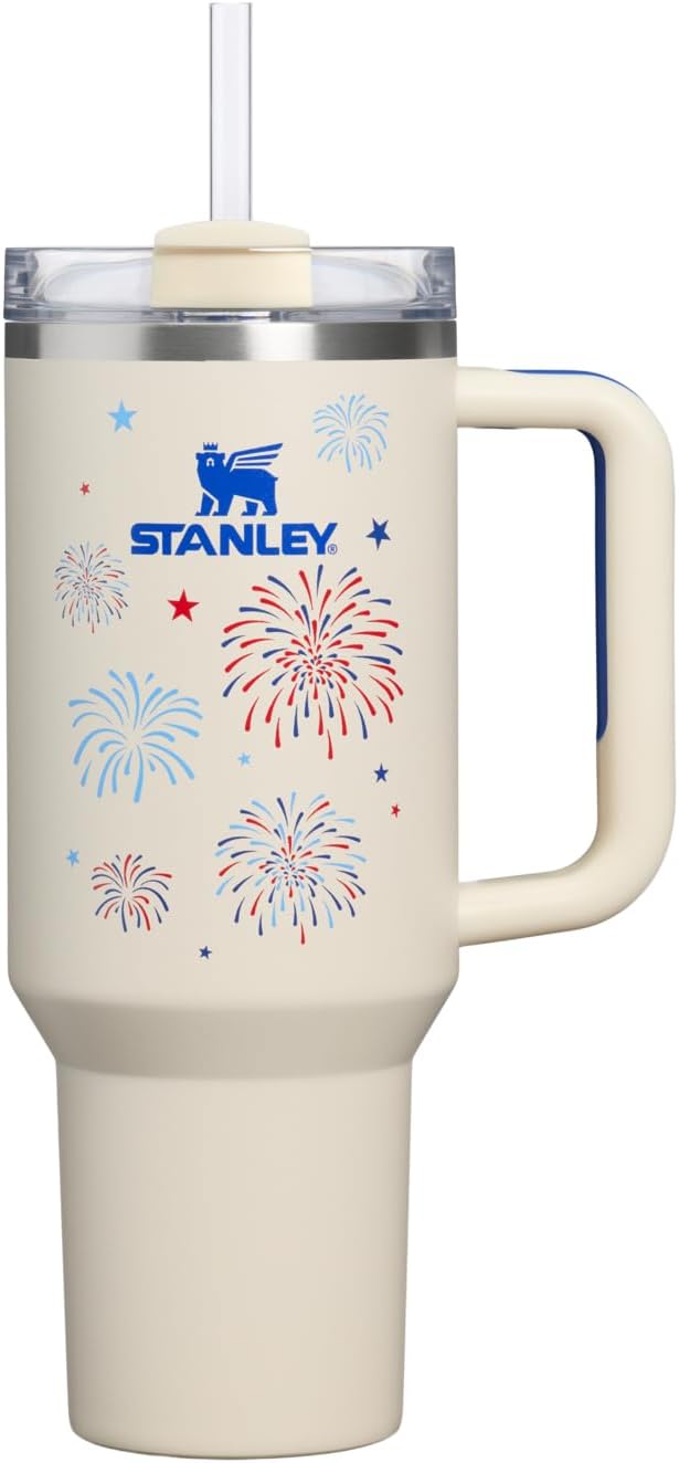 STANLEY Quencher H2.0 Flow State Tumbler, 40 oz, Cream Royal Fireworks | Handle and Straw | 3-Position Lid | Cup Holder Compatible for Travel | Insulated Stainless Steel Cup | BPA-Free