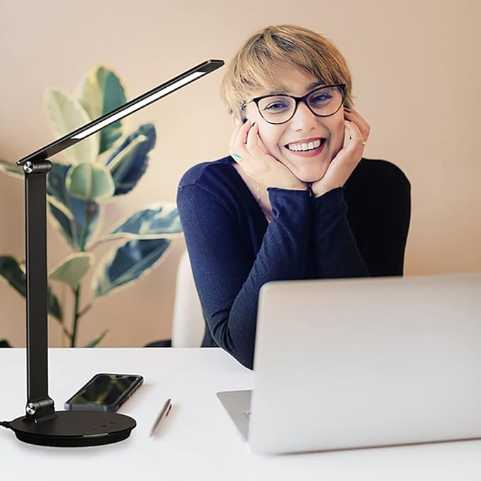 LED Desk Lamp with USB Charging Port, Touch Control Dimmable Office Lamp, 5 Color Modes 6 Brightness Levels Eye-Caring Table Lamp for Home Office Bedroom Reading Study, Black