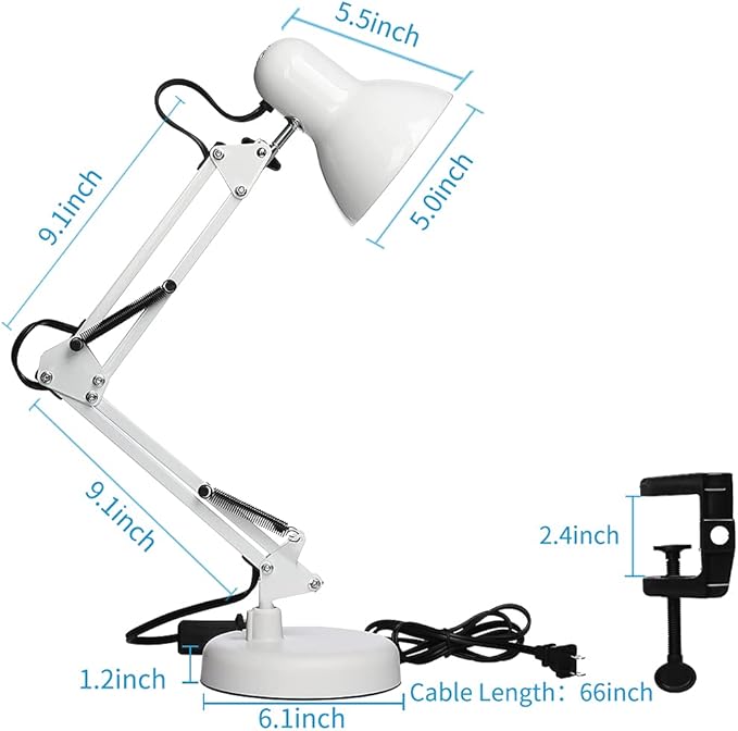 Led Desk Lamp with Clamp - Swing Arm Desk Lamp with 1 LED Cold Light Bulbs 6500K - Folding Table Lamp，Used for Office, Work, Study, Dormitory Reading and Eye Protection (White-01)