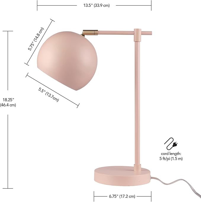 Globe Electric 52285 Hannah 18" Desk Lamp, Matte Pink, Brass Pivot Joint, in-Line On/Off Rotary Switch