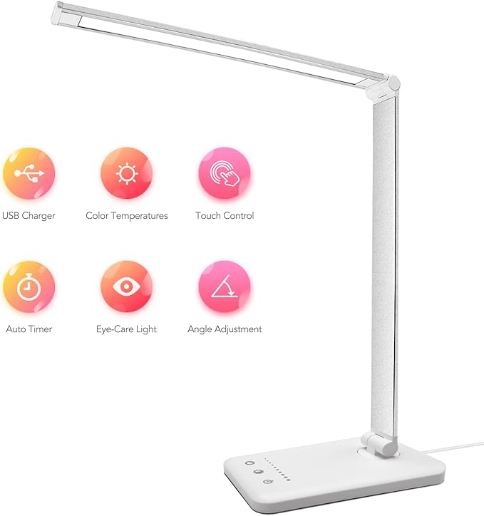 Led Desk Lamp, Desk Lamp with USB Charging Port, 5 Color Modes, 10 Brightness, Natural Light, Eye Caring Reading Lamp, Desk Light for Home Office, Table Lamp, Touch Control, Auto-Timer, White