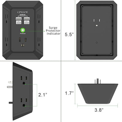 USB Wall Charger, Surge Protector, QINLIANF 5 Outlet Extender with 4 USB Charging Ports(2U2C) 3-Sided 1680J Power Strip Multi Plug Outlets Wall Adapter Spaced for Home Travel Office,Black