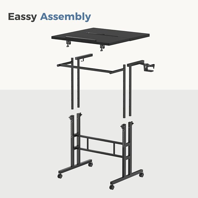DUMOS Rolling Standing Desk, Sit Stand Desk, Computer Cart | 23.6 Inch Width, Height Adjustable, Split Top, Mobile Laptop Workstation, Office Table, Portable Design, Black