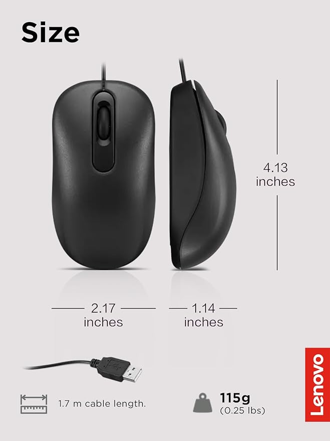 Lenovo 100 Wired USB Computer Mouse for PC, Laptop, Computer with Windows - Full-Size - Ambidextrous Design - 3 Buttons - Red Optical Sensor – Black