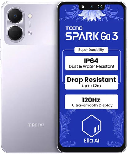 Tecno Spark 3 GO Ai 4G LTE (128GB + 4GB) (Compatible with Tmobile Mint Tello Boost Mobile and Worldwide) Dual SIM 6.74" 13MP Camera Model KN3 (Aurora Purple)