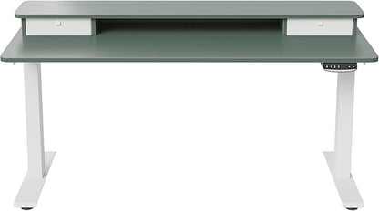 FEZIBO 60 x 24 Inch Height Adjustable Electric Standing Desk with Double Drawer, Stand Up Desk with Storage Shelf, Sit Stand Desk, Green