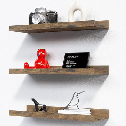 RICHER HOUSE 3-Set Floating Shelves with Lip, Brown Small Wall Shelf, 16In | Display Picture Ledge Shelf, Anti-drop lip Shelf for Room Wall Decor, Bedroom Bathroom Storage Nursery Books, Easy Setup,Wood