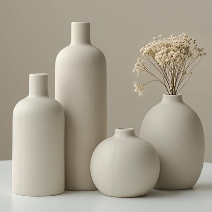 Modern Ceramic Vase Set, Neutral Colors, Decorative Vases for Home Decor, 4 Piece Collection (Beige)