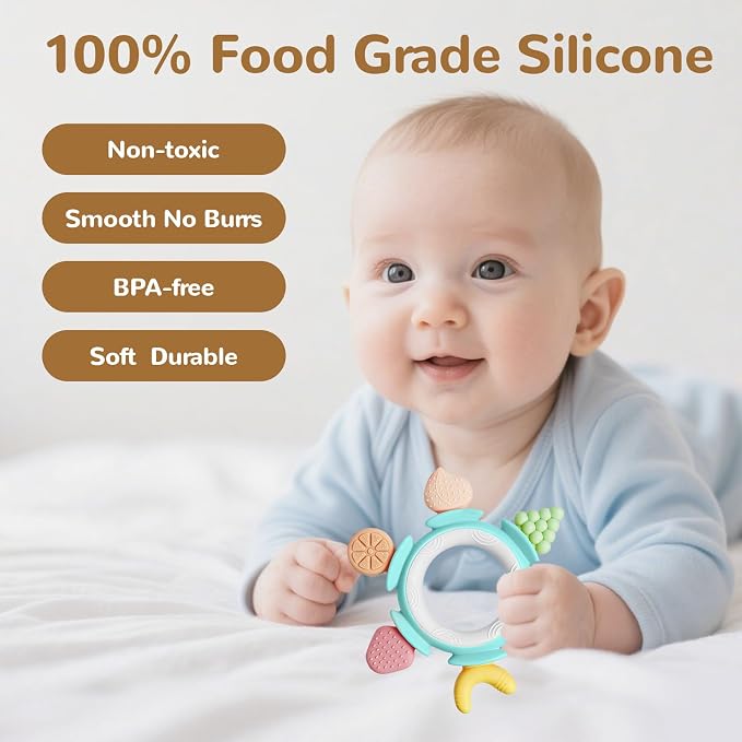 Hooku Silicone Teethers for Babies 6-12 Months, Teething Toys for Babies 0-6 Months, Baby Fruit Teethering Rings, BPA Free Baby Chew Toys, Infants Gifts