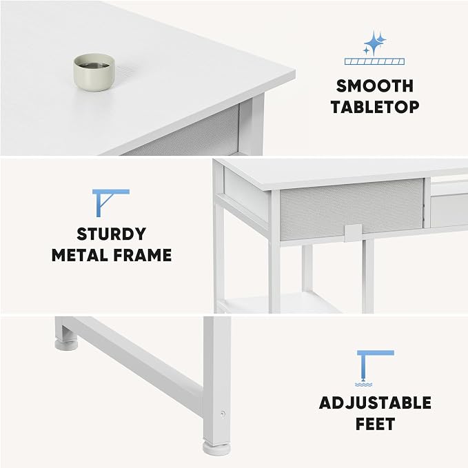DUMOS 48-Inch Computer Desk with Drawers, Hook and Side Bag, White | Home Office Desk for Bedroom, Gaming Writing Study Desk with Adjustable Feet