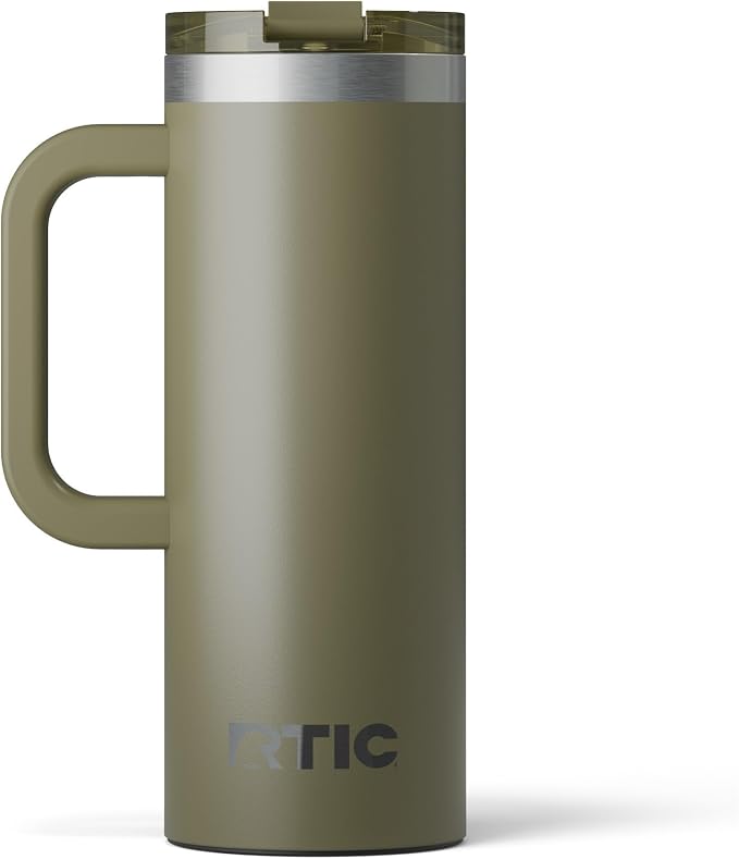 RTIC 20oz Road Trip Travel Mug with Lid and Handle, Ceramic Lined, Insulated, Stainless Steel, Metal, Double Wall Vacuum-Insulation, Portable Coffee, Tea Cup for Hot and Cold Drink, Olive
