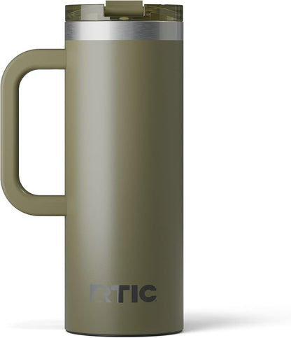 RTIC 20oz Road Trip Travel Mug with Lid and Handle, Ceramic Lined, Insulated, Stainless Steel, Metal, Double Wall Vacuum-Insulation, Portable Coffee, Tea Cup for Hot and Cold Drink, Olive