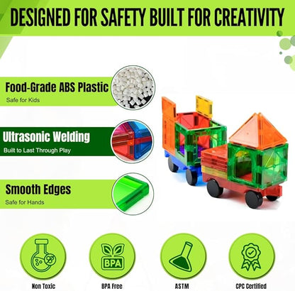 Magnetic Tiles 100 pcs with 2 Cars, STEM Building Blocks for Kids, Educational Gift, Magnet Construction Toys for Toddlers, School Teacher Supplies, Classroom Must-Haves
