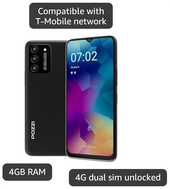 POZZI NEO 1, Unlocked Android Cell Phone for Kids and Seniors, 6.57 inch HD+ Display, 4GB RAM + 64GB, 5000mAh Battery, Dual SIM 4G LTE Smartphone, 16MP Triple AI Camera, Black, T-Mobile