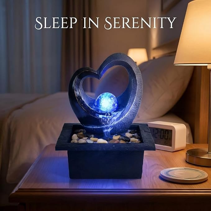 Ferrisland Tabletop Water Fountain, Zen Meditation Indoor Waterfall Fountain, Heart Shape Decoration with LED Light for Home Office Bedroom Relaxation Decor, Gift Ideas