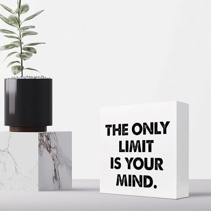 Positive Wood Box Sign Desk Decor,The Only Limit is Your Mind Wood Plaque Signs,Rustic Inspirational Wooden Block Sign Decor for Office Workplace Classroom Shelf Table Decoration C1079