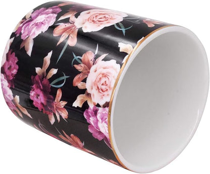 Pen Holder for Desk, Pencil Cup Holder, Cute Floral Makeup Brush Holder Durable Ceramic Flower Design Desk Pencil Organizer for Office, Classroom, Black