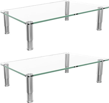 Simple Trending 2-Pack Tempered Glass Monitor Stand, Adjustable, Clear | 14.25"L x 9.5"W, height 3.5"-5", tilt 0-15°. Holds 88 lbs, impact/heat resistant. Stainless steel feet. Easy assembly.