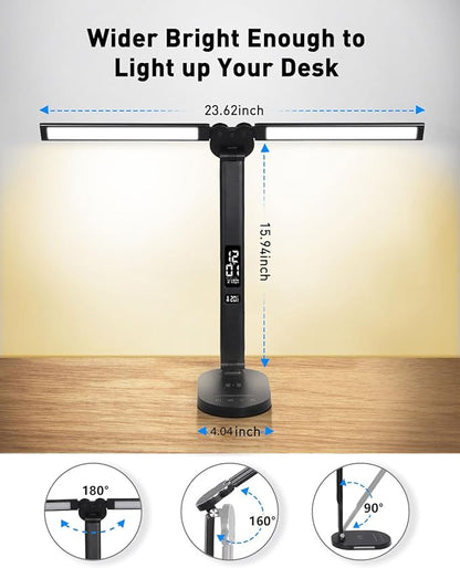 LED Desk Lamps for Home Office, Double Head Table Lamp with Wireless Charger, USB Charging Port, Clock, Alarm, Date, Temperature, Bedside Nightstand Light with Night Light for Bedroom Reading 14W