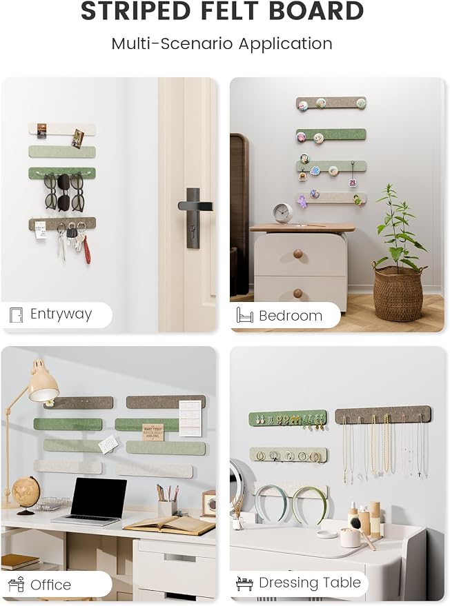 Fluxynara 13" x 2" Felt Wall Panels, Moss Haven | 8-Pack Includes 50 Push Pins and Adhesive Tabs for Photos, Notes and Decor in Bedroom Doors, Home Office or Studios