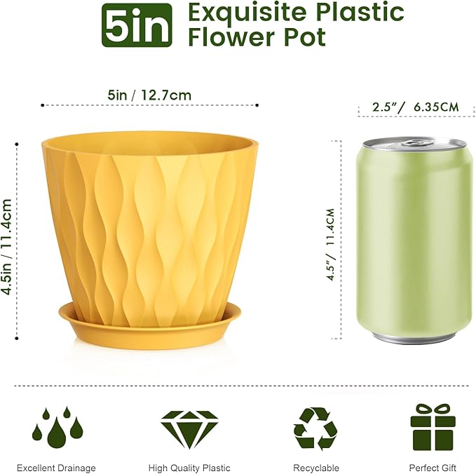 5 inch Plant Pots for Indoor Outdoor Plants, 6 Pack Thick Nursery Pots with Drainage Holes and Saucers, 3D Modern Wave Texture Small Plastic Planter Flower Pots, Multicolor