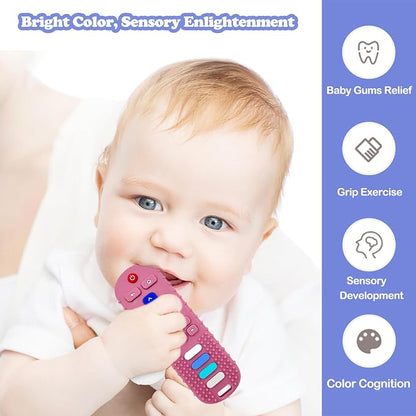 ROBBEAR Baby Teething Toys, Food Grade Silicone Teether for Babies 3 6 12 18 Months, TV Remote Shape Toddlers Chew Toys, Freezer BPA Free (Pink RC)