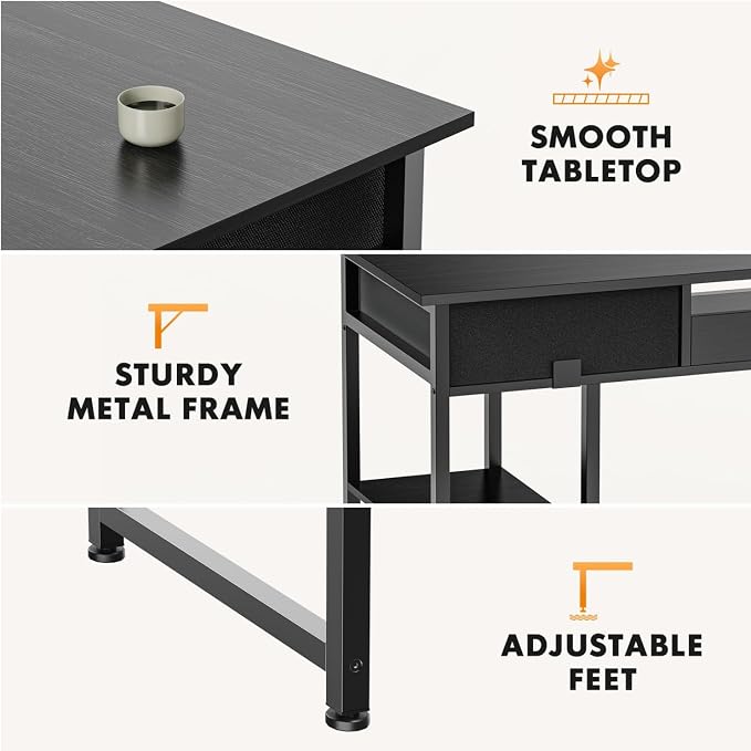 47 Inch Computer Desk with 2 Drawers, Home Office Desk with Wooden Shelves, Study Writing PC Table for Small Spaces, Bedroom, Dorm or Living Room, Black