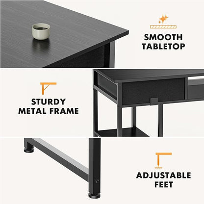 47 Inch Computer Desk with 2 Drawers, Home Office Desk with Wooden Shelves, Study Writing PC Table for Small Spaces, Bedroom, Dorm or Living Room, Black