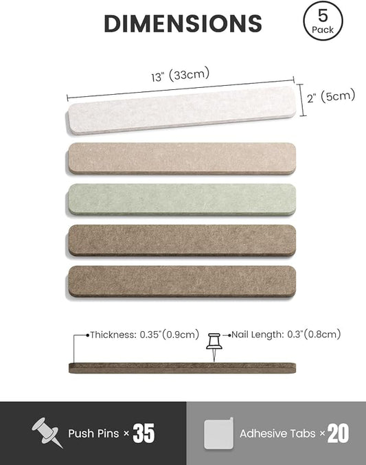 Fluxynara 13" x 2" Felt Wall Panels, Linen Dusk | 5-Pack Cork Board Alternative with 35 Push Pins, Adhesive Mounting for Bedroom Door or Home Office