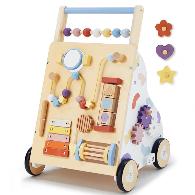 Frogprin Wooden Baby Walker, Baby Push Walker, Montessori Walker Toy for Babies 12M+ Learning to Walk & Sit-to-Stand, Adjustable Speed Walkers for Boys, Baby Activity Center with Sensory Toy for Girls