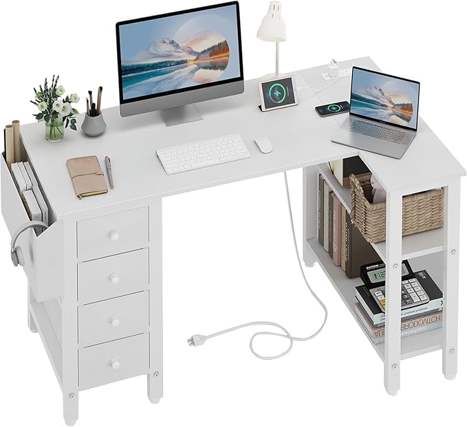 Lufeiya White L Shaped Computer Desk with Drawers & Storage Shelves, 47 Inch Corner Reversible Desk with Power Outlet for Home Office Bedroom, L-Shaped Teen PC Desks with Fabric Drawer, White