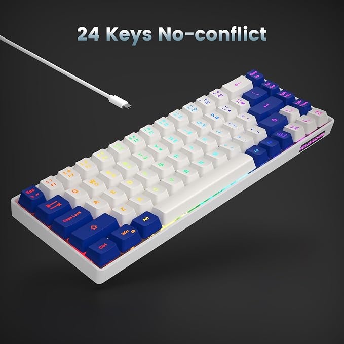 GEODMAER 65% Gaming Keyboard, LED Backlit Mini Wired Keyboard, Ultra-Compact Anti-Ghosting No-Conflict 68 Keys Membrane Gaming Wired Keyboard for PC Laptop Windows Gamer(White-Blue)