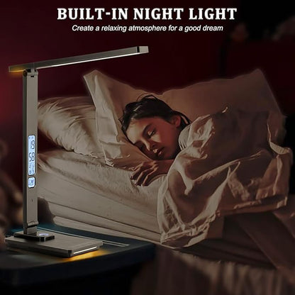 Dott Arts LED Desk Lamp with Wireless Charger, Touch Control Study Lamp with USB Charging Port, Table Lamp with Clock, Alarm, Date, Temperature, Office Lamp, Desk Lamps for Home Office,Black