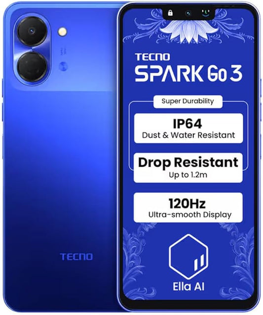 Tecno Spark 3 GO Ai 4G LTE (128GB + 4GB) (Compatible with Tmobile Mint Tello Boost Mobile and Worldwide) Dual SIM 6.74" 13MP Camera Model KN3 (Galaxy Blue)