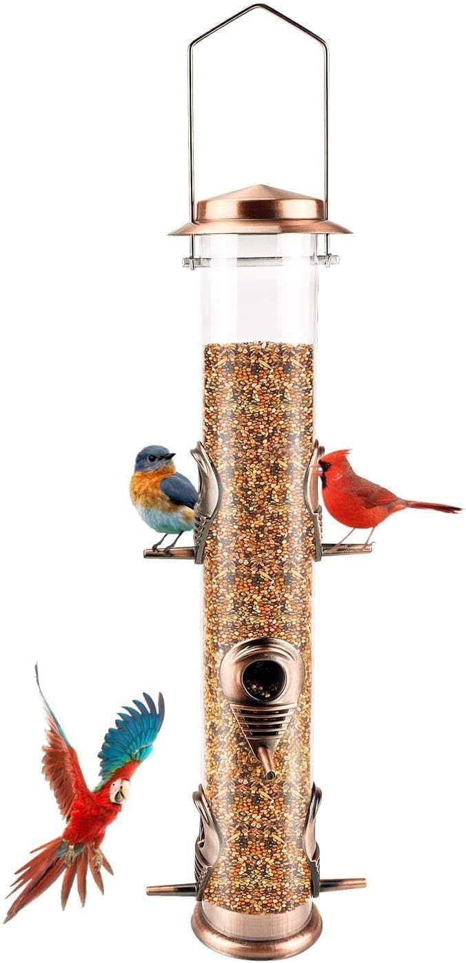 MIXXIDEA Metal Tube Bird Feeders for Outdoors - 6 Ports Hanging Feeder Attracts Wild Birds in Your Lawn, Garden, Balcony - Antique Copper - 1 Pack