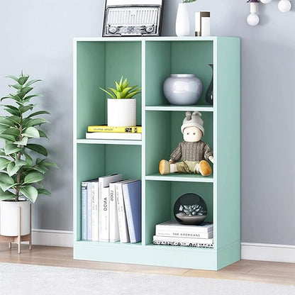 IOTXY Open Shelf Low Bookcase - Wooden 3-Tier Floor Standing Display Cabinet Organizer with Base, 5 Cubes Short Horizontal Bookshelf in Tiffany-Green
