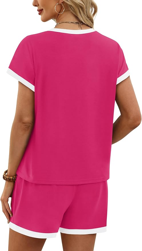 WIHOLL Two Piece Sets for Women Summer Lounge Short Sets Cap Sleeve Crew Neck Sweatsuit with Pocket XS-2XL
