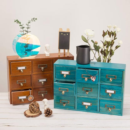 Apothecary Drawers Apothecary Cabinet with Drawers, Brown | 9 Drawer Library Card Catalog, Wooden Storage Box, Wooden Desktop Organizer with Metal Handles-Fulled Assembled